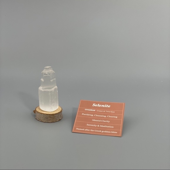 Selenite Skyscaper Tower & Tree Slice Base & Card - Picture 2 of 9